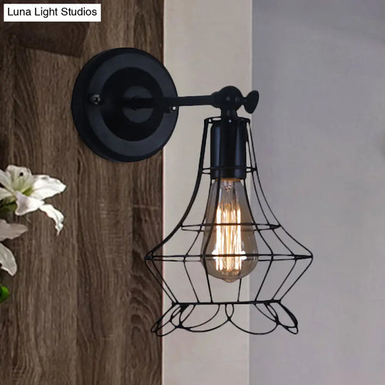 Flared Cage Wall Sconce - Industrial Style Metal 1 Head Rotatable Mount Light