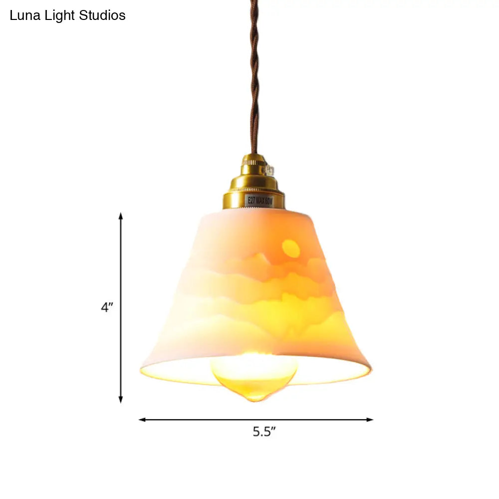 Flared Ceramic Ceiling Hanging Light Pendant Lamp With Carved Sunrise Scenery Countryside Style