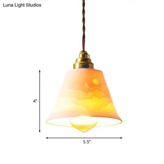 Flared Ceramic Ceiling Hanging Light Pendant Lamp With Carved Sunrise Scenery Countryside Style