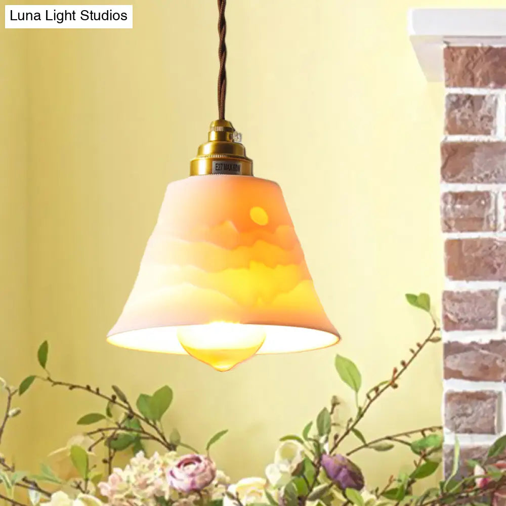 Flared Ceramic Ceiling Hanging Light Pendant Lamp With Carved Sunrise Scenery Countryside Style