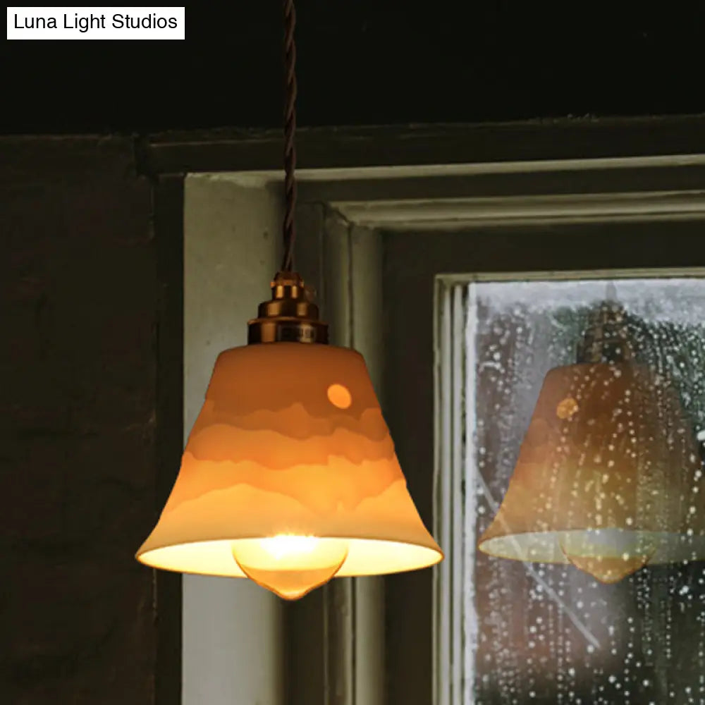 Flared Ceramic Ceiling Hanging Light Pendant Lamp With Carved Sunrise Scenery Countryside Style