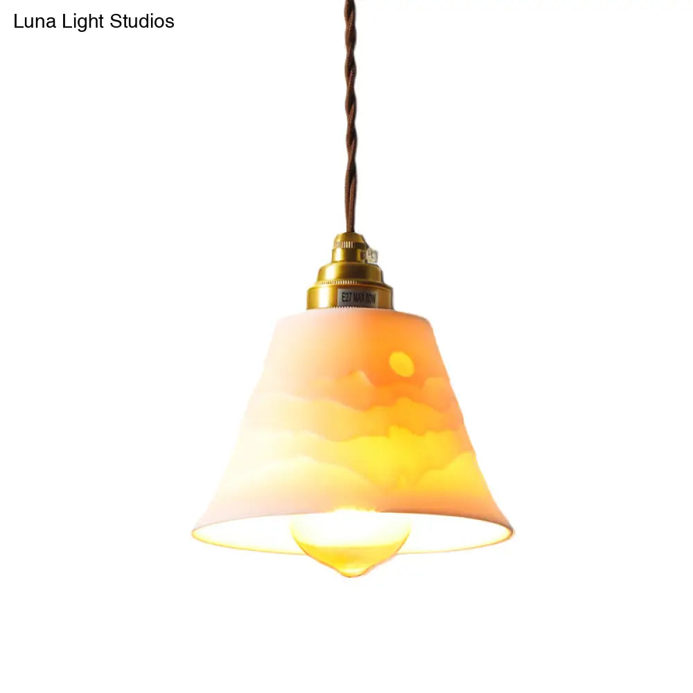 Flared Ceramic Ceiling Hanging Light Pendant Lamp With Carved Sunrise Scenery Countryside Style