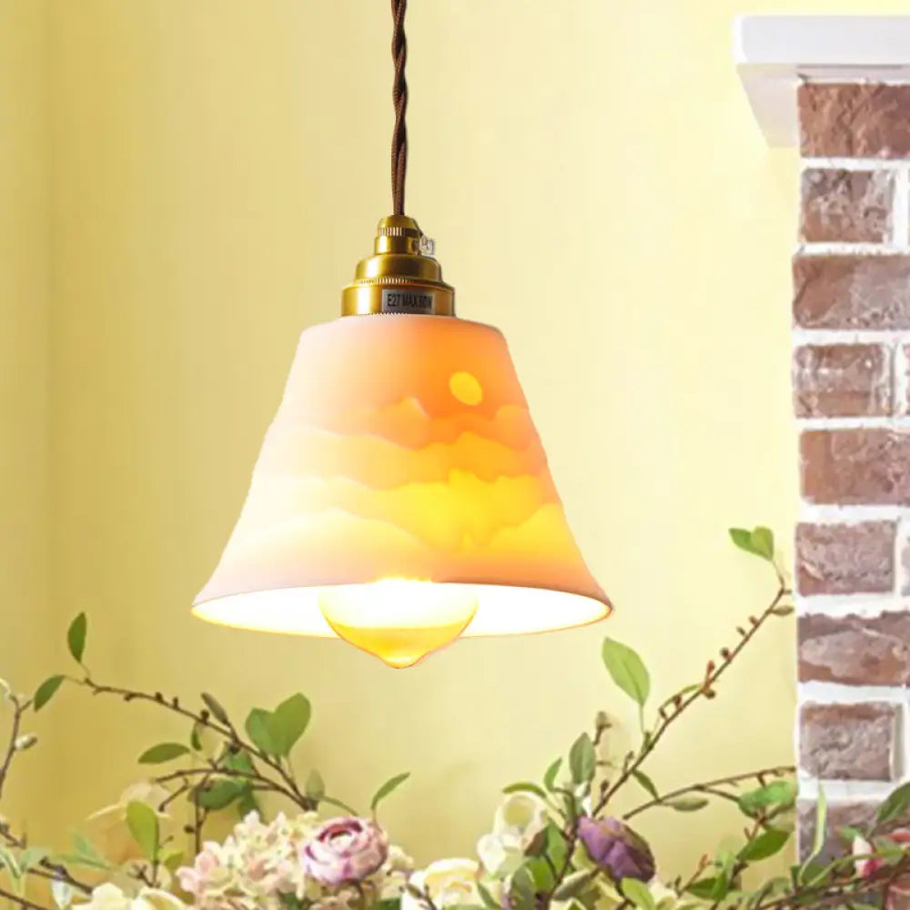 Flared Ceramic Ceiling Hanging Light Pendant Lamp With Carved Sunrise Scenery Countryside Style