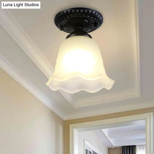 Flared Classical White Glass Flush Mount Lamp With Black Ceiling Lighting - 1 Light