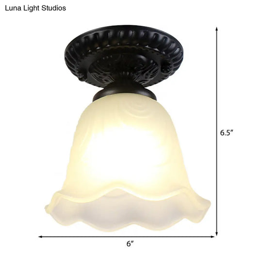 Flared Classical White Glass Flush Mount Lamp With Black Ceiling Lighting - 1 Light