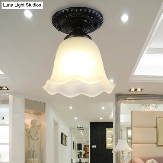 Flared Classical White Glass Flush Mount Lamp With Black Ceiling Lighting - 1 Light