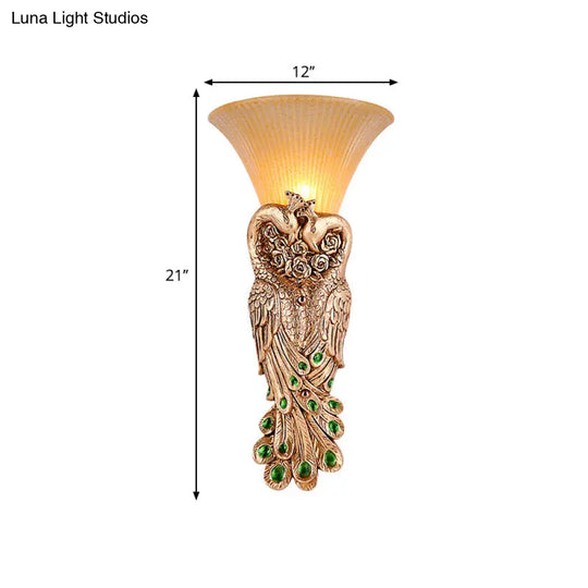 Flared Corridor Sconce Lamp With Peacock Design - Country Amber Glass And Resin Gold Finish Wall