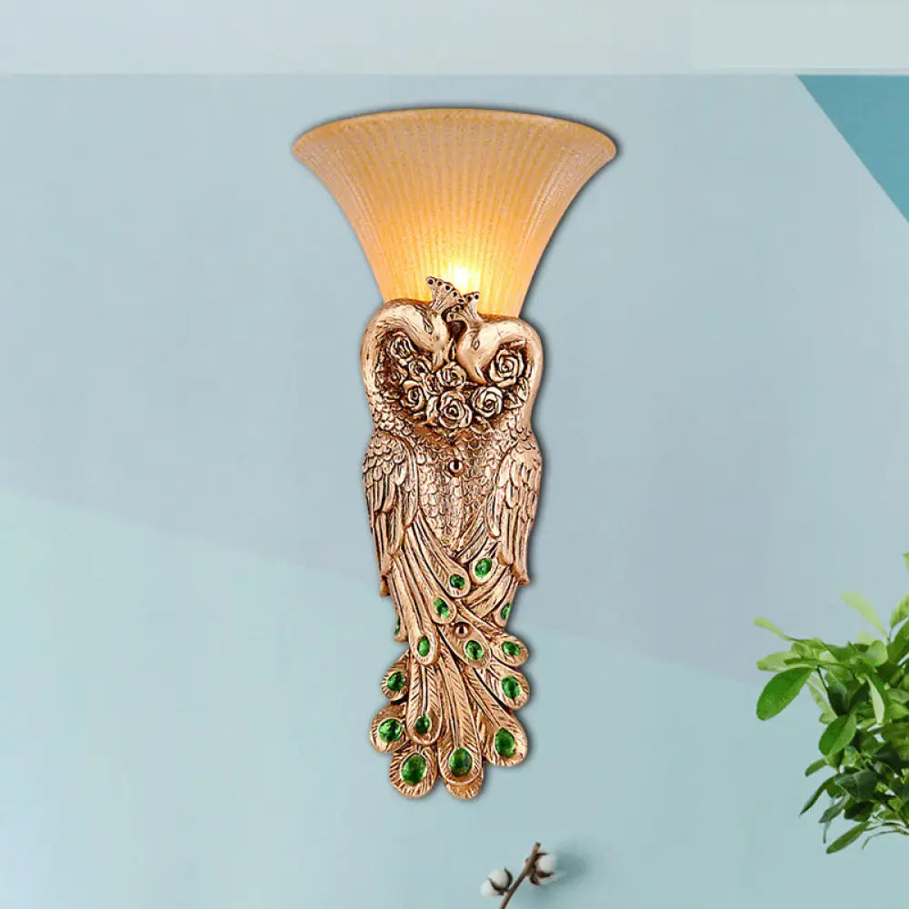 Flared Corridor Sconce Lamp With Peacock Design - Country Amber Glass And Resin Gold Finish Wall