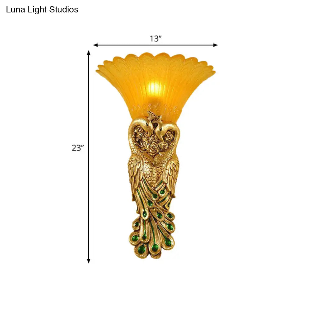 Flared Corridor Sconce Lamp With Peacock Design - Country Amber Glass And Resin Gold Finish Wall