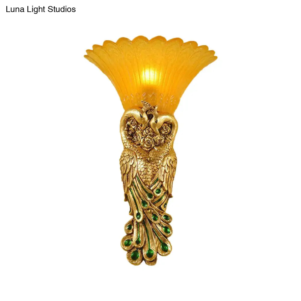 Flared Corridor Sconce Lamp With Peacock Design - Country Amber Glass And Resin Gold Finish Wall