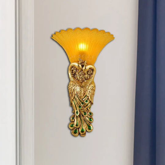 Flared Corridor Sconce Lamp With Peacock Design - Country Amber Glass And Resin Gold Finish Wall