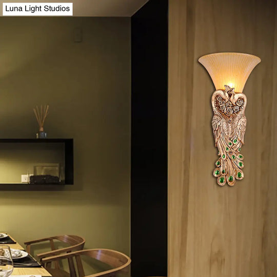 Flared Corridor Sconce Lamp With Peacock Design - Country Amber Glass And Resin Gold Finish Wall