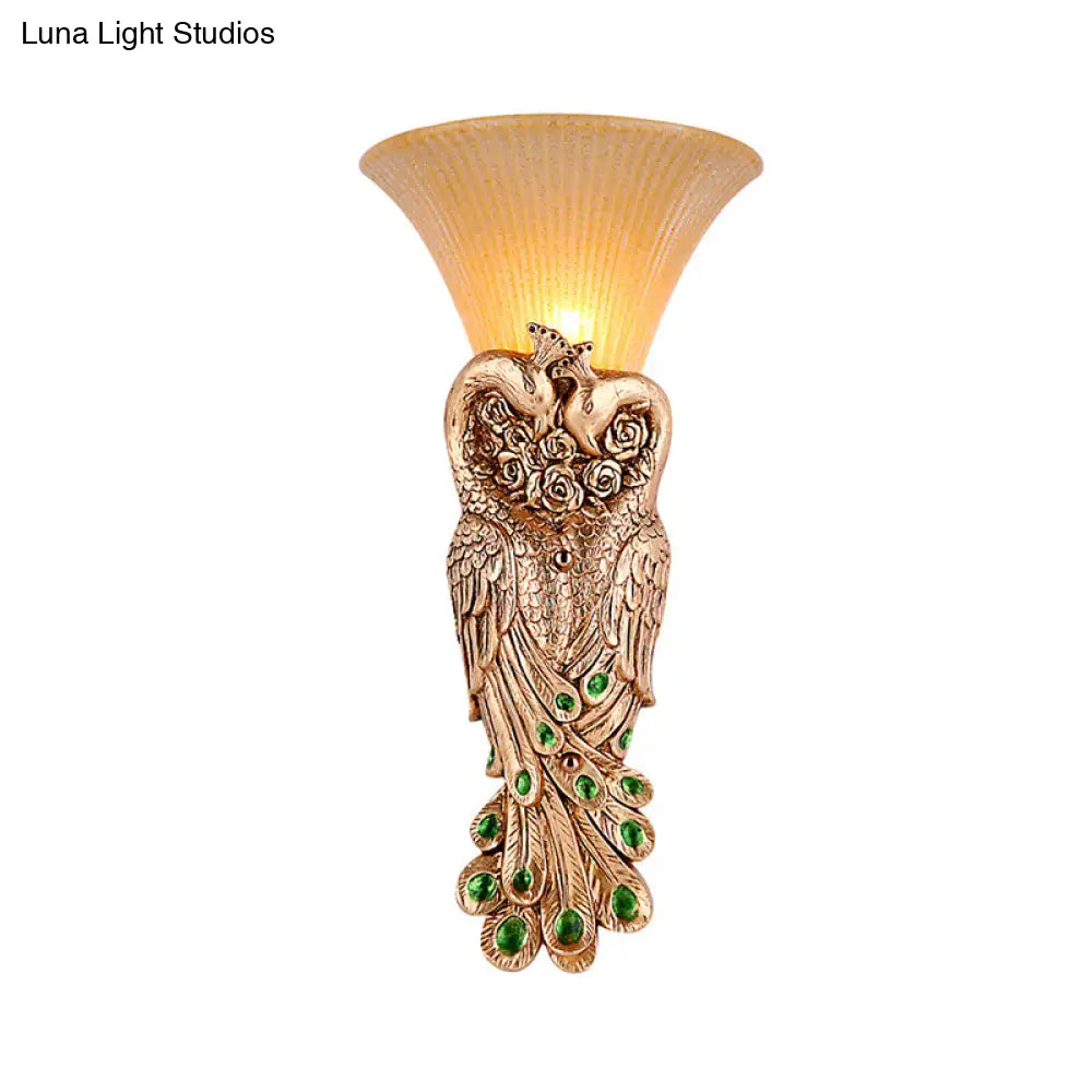 Flared Corridor Sconce Lamp With Peacock Design - Country Amber Glass And Resin Gold Finish Wall