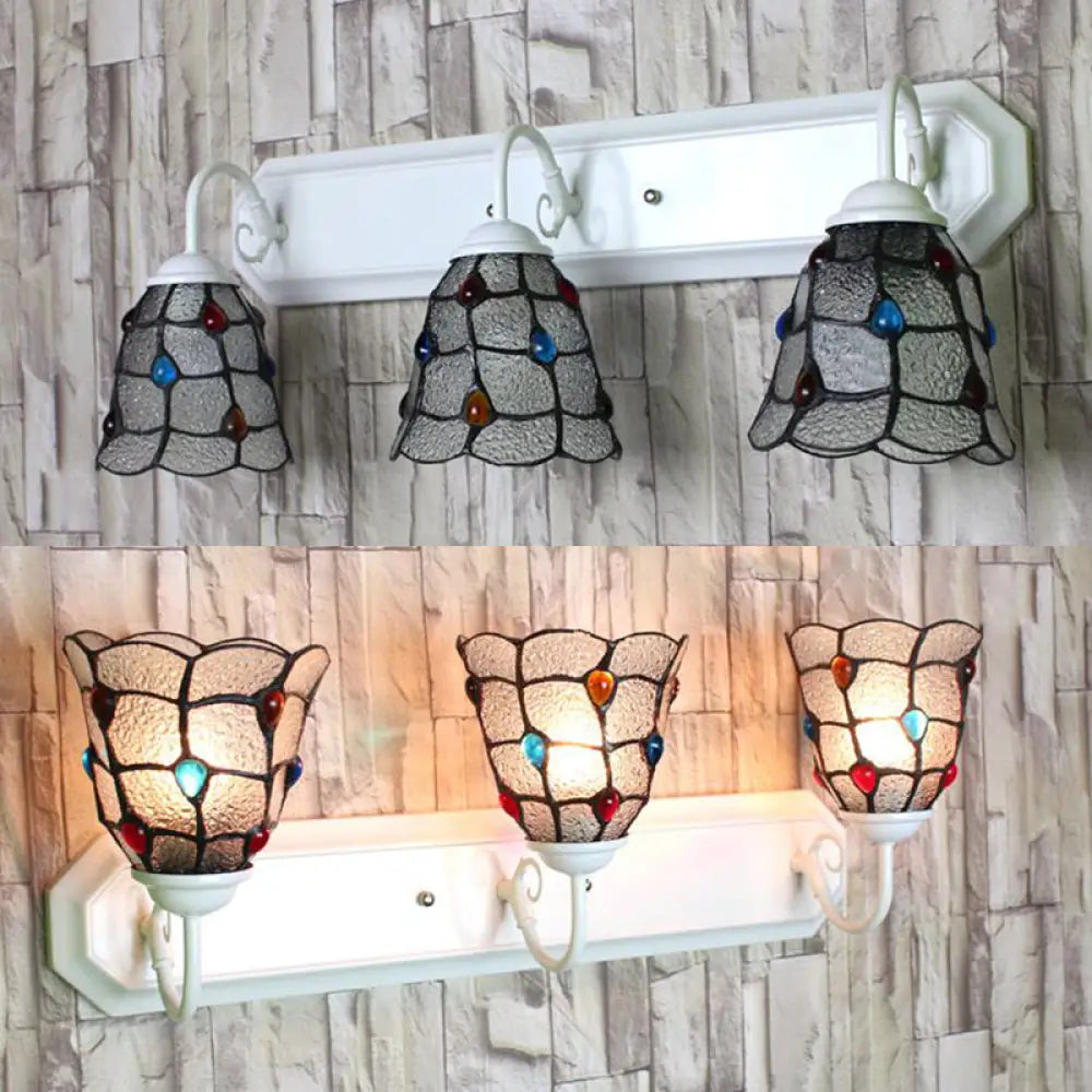 Flared Glass Sconce Light With Dimple Detailing - Tiffany Style 3 Heads Wall Mounted Fixture White