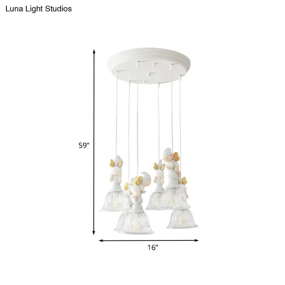 Flared Glass Shade Multi-Light Pendant With Butterfly Fairy Decor For Kids Room