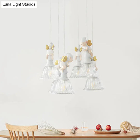 Flared Glass Shade Multi-Light Pendant With Butterfly Fairy Decor For Kids Room