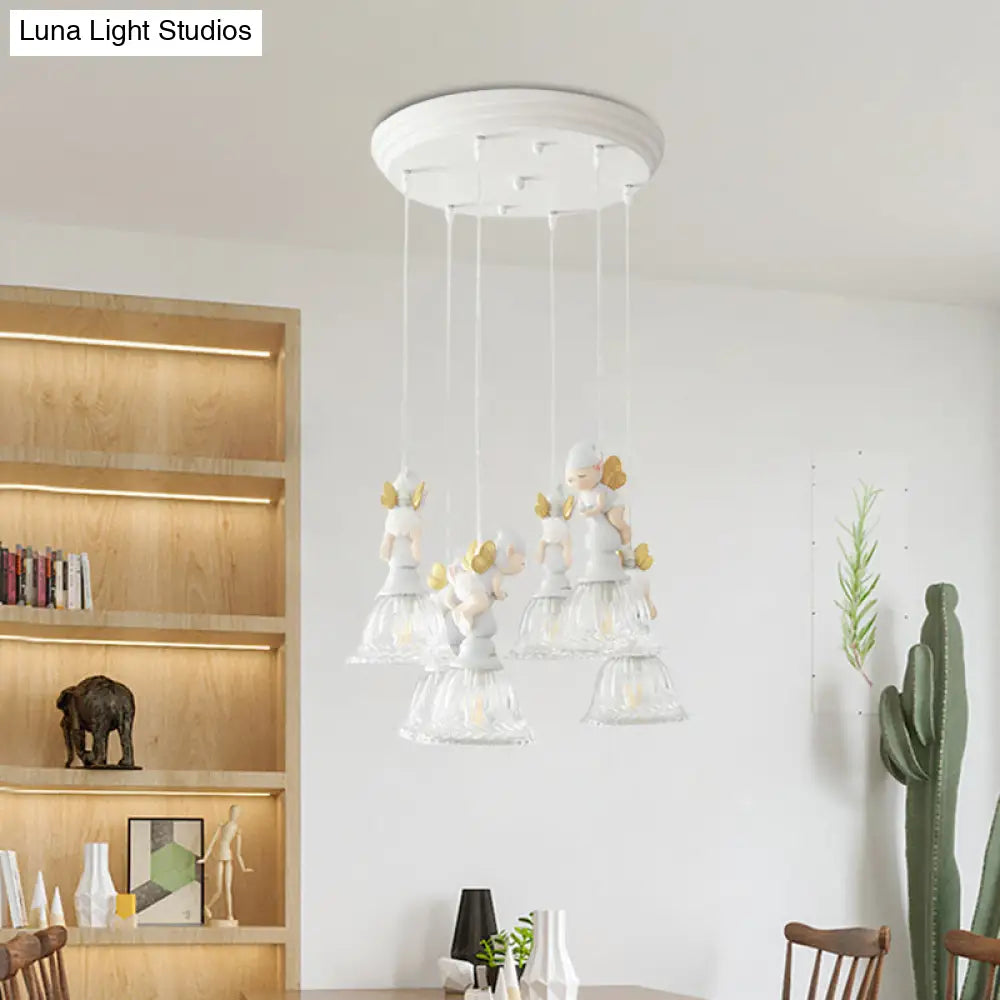 Flared Glass Shade Multi-Light Pendant With Butterfly Fairy Decor For Kids Room