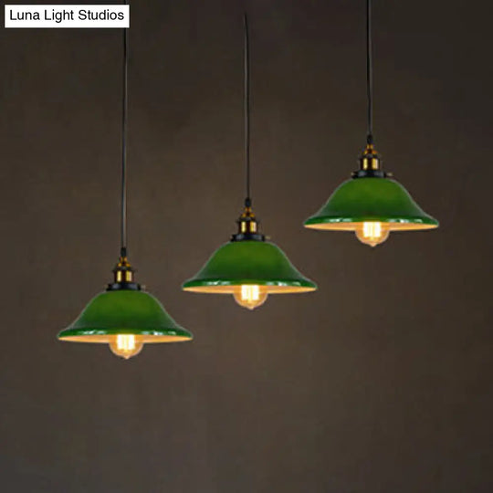 Industrial Brass Pendant Lighting With 3 Flared Green Glass Shades / Linear