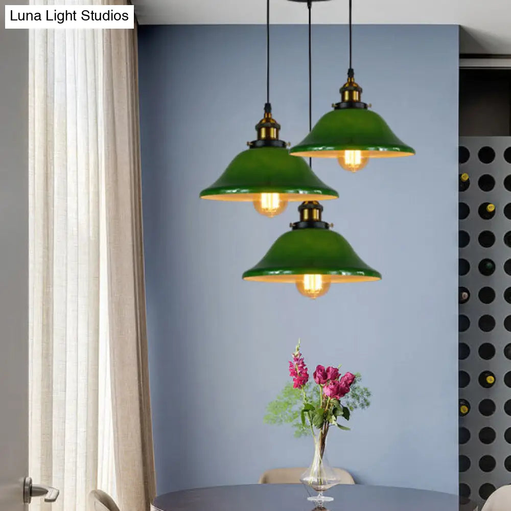 Industrial Brass Pendant Lighting With 3 Flared Green Glass Shades