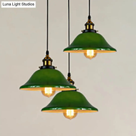 Industrial Brass Pendant Lighting With 3 Flared Green Glass Shades / Round