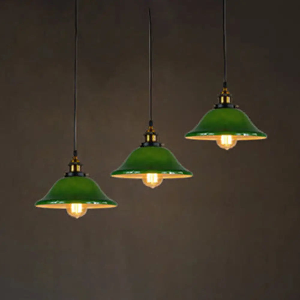 Flared Green Glass Pendant Lighting - 3 Lights Industrial Style Brass Finish / Linear