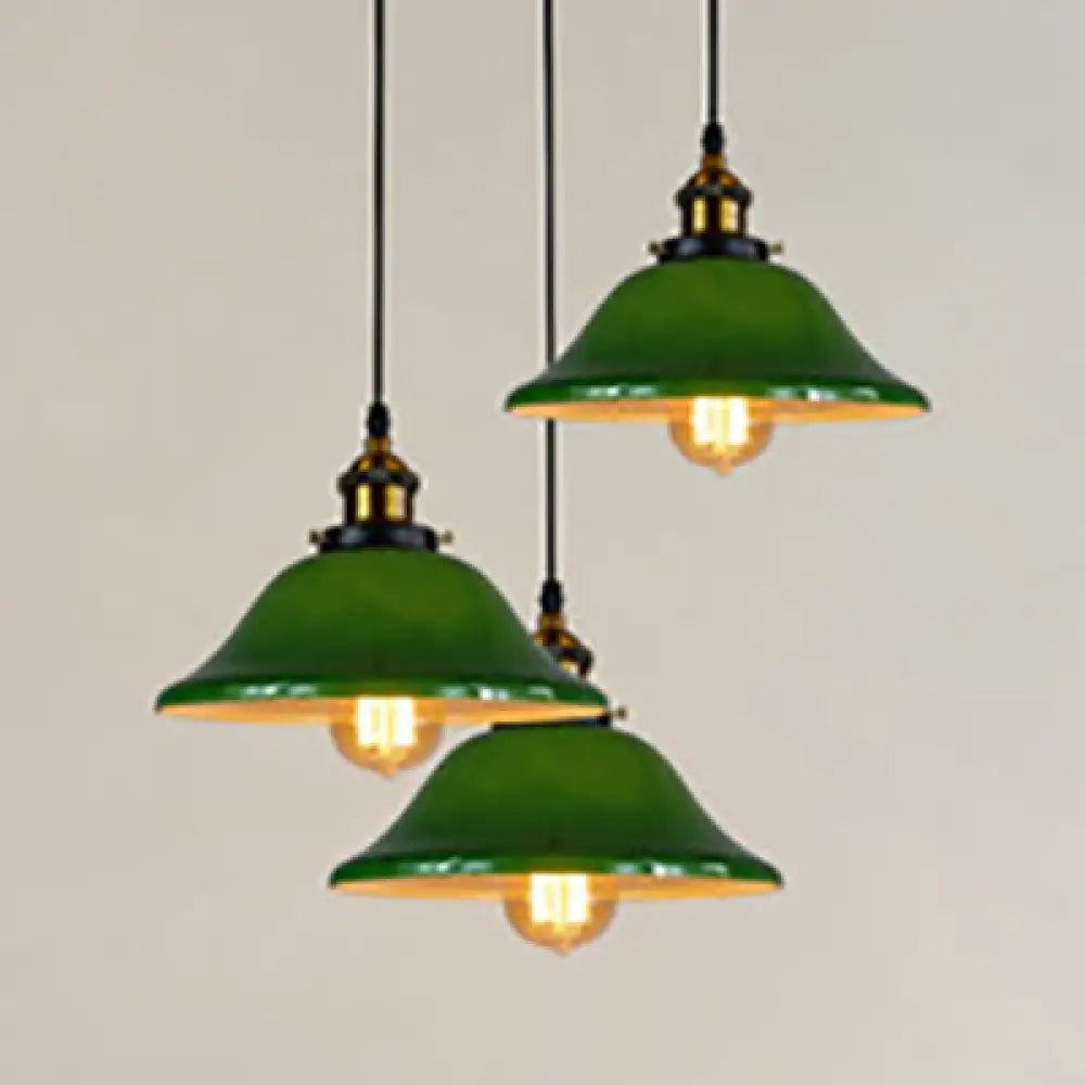 Flared Green Glass Pendant Lighting - 3 Lights Industrial Style Brass Finish / Round