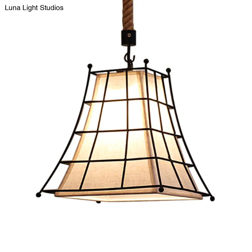 Flared Hanging Lamp With Fabric Shade - Wire Frame Rustic Suspension Light In Black