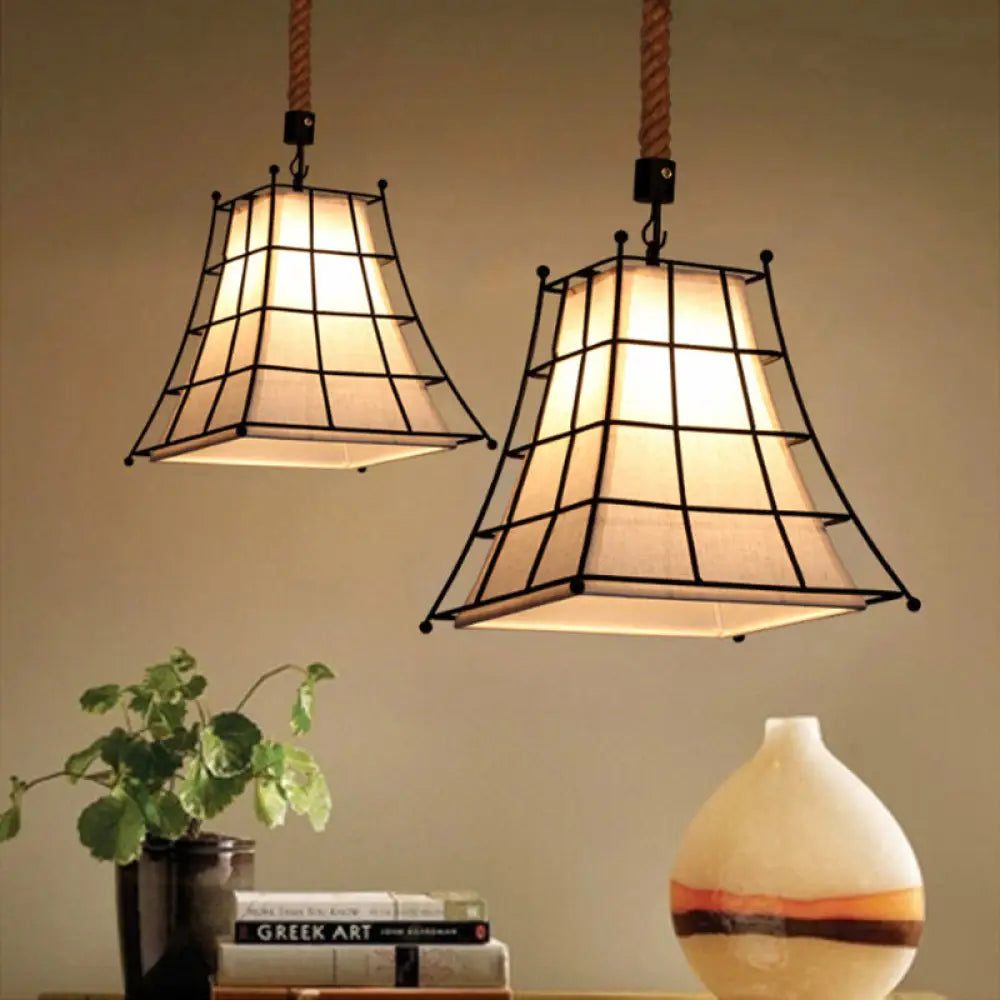 Flared Hanging Lamp With Fabric Shade - Wire Frame Rustic Suspension Light In Black Flaxen