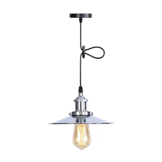 Flared Hanging Light Fixture - 1 Head Iron Ceiling Lamp In White/Chrome Warehouse Design Chrome