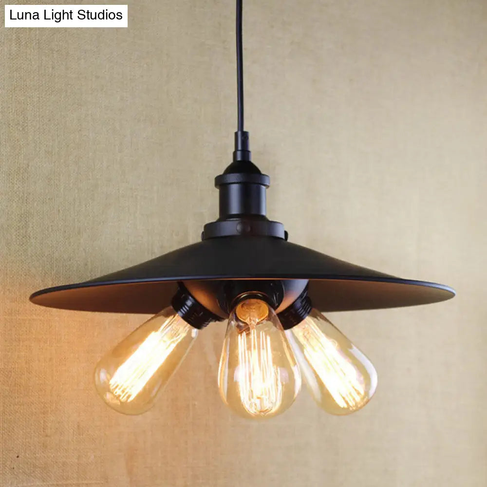 Stylish Industrial Flared Chandelier: 3-Light Metal Pendant In Black For Restaurants