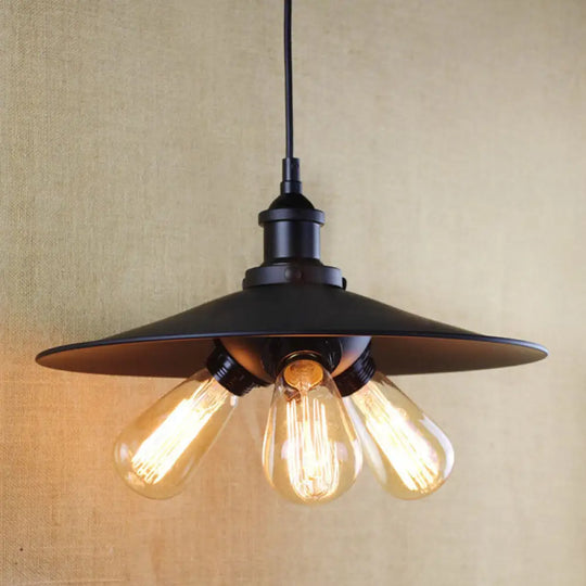 Flared Industrial Chandelier Light Fixture - 3-Light Metal Pendant Lighting In Black For Restaurants