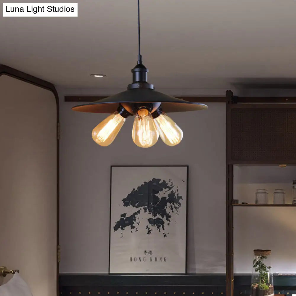 Stylish Industrial Flared Chandelier: 3-Light Metal Pendant In Black For Restaurants