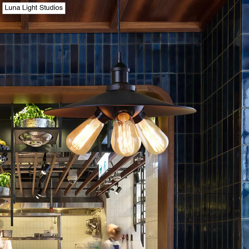 Stylish Industrial Flared Chandelier: 3-Light Metal Pendant In Black For Restaurants