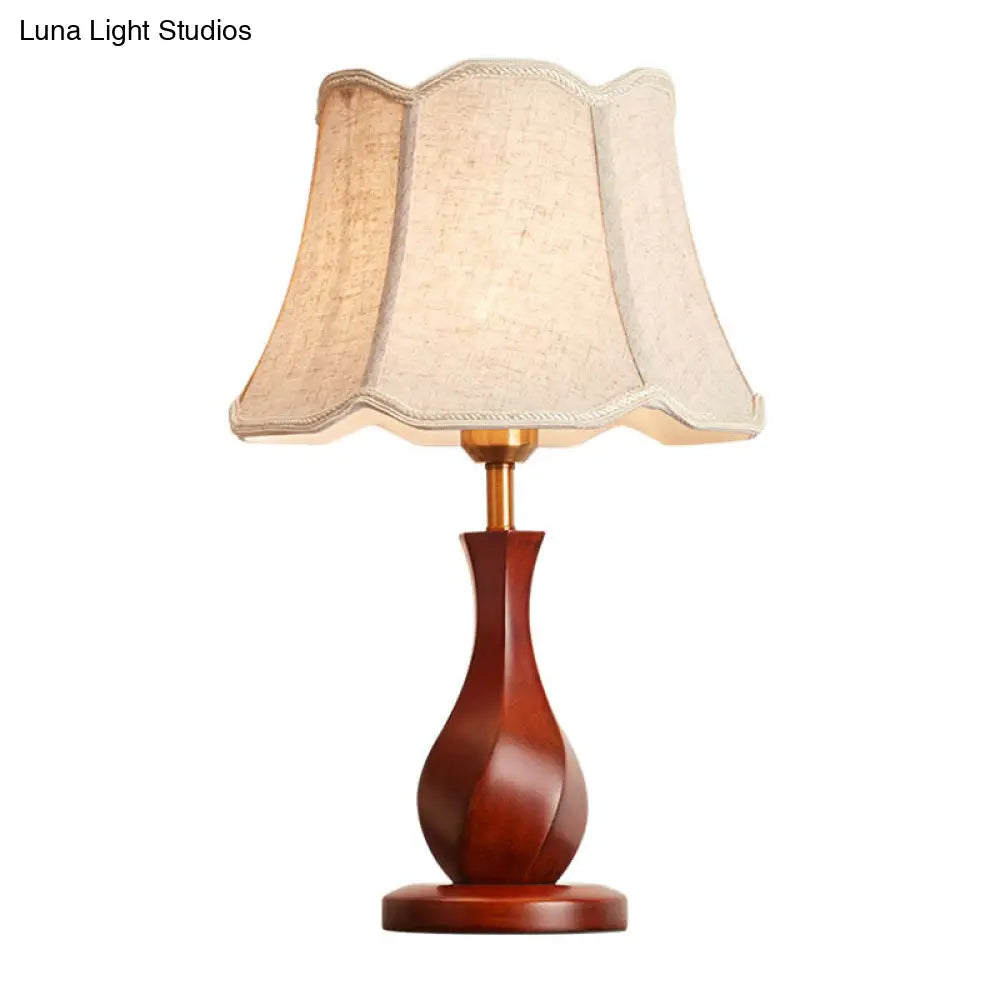 Flared Nightstand Lamp With Scalloped Trim - Countryside Style In Flaxen/Beige