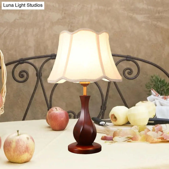 Flared Nightstand Lamp With Scalloped Trim - Countryside Style In Flaxen/Beige