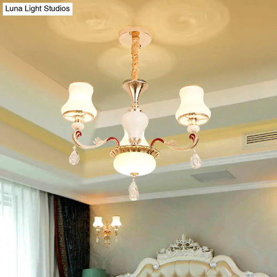 Opal Frosted Glass Gold Chandelier Pendant For Living Room - Simplicity Flared Drop Light 3 /