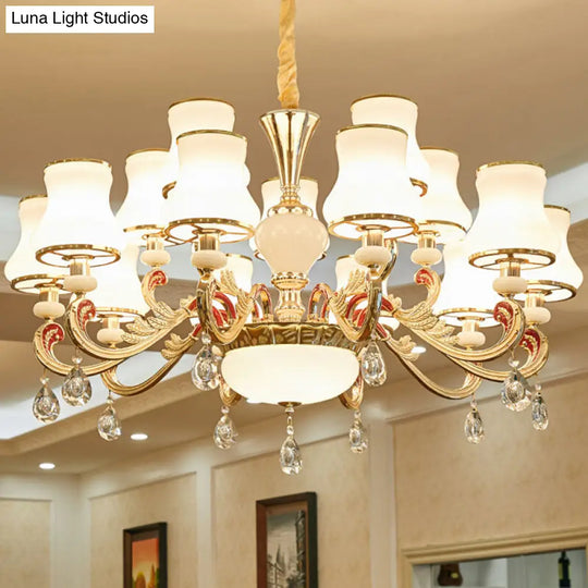 Opal Frosted Glass Gold Chandelier Pendant For Living Room - Simplicity Flared Drop Light 15 /