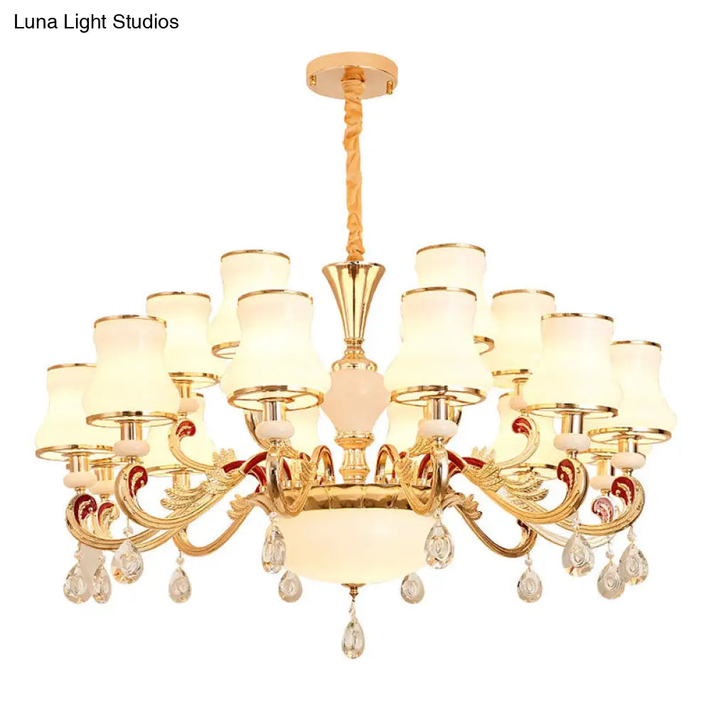 Opal Frosted Glass Gold Chandelier Pendant For Living Room - Simplicity Flared Drop Light