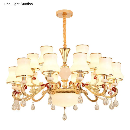 Opal Frosted Glass Gold Chandelier Pendant For Living Room - Simplicity Flared Drop Light