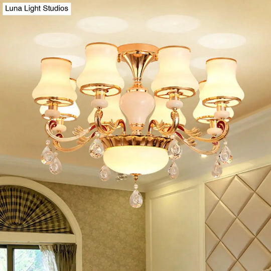 Opal Frosted Glass Gold Chandelier Pendant For Living Room - Simplicity Flared Drop Light 8 /