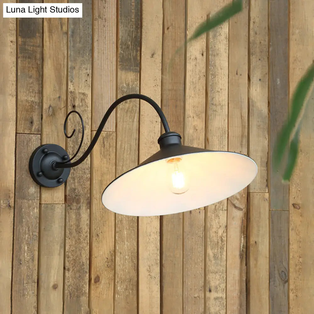 Flared Outdoor Wall Light - Antiqued 1-Light Metal Sconce Lamp With Curved Arm Black/Black & White