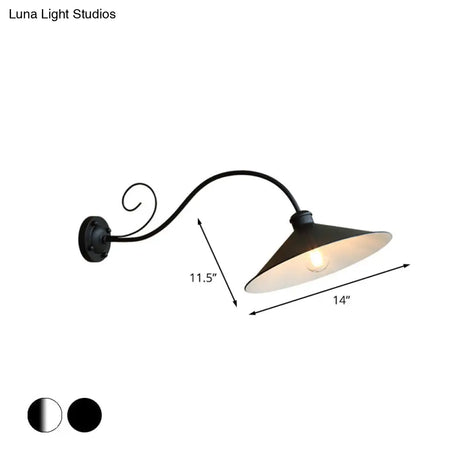 Flared Outdoor Wall Light - Antiqued 1-Light Metal Sconce Lamp With Curved Arm Black/Black & White