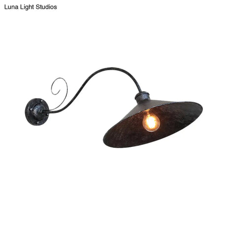 Flared Outdoor Wall Light - Antiqued 1-Light Metal Sconce Lamp With Curved Arm Black/Black & White