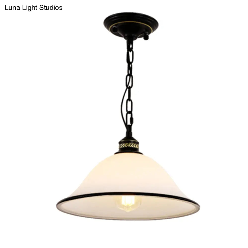 Flared Pendant Lighting 1 Light White Glass Hanging Fixture In Black For Dining Room