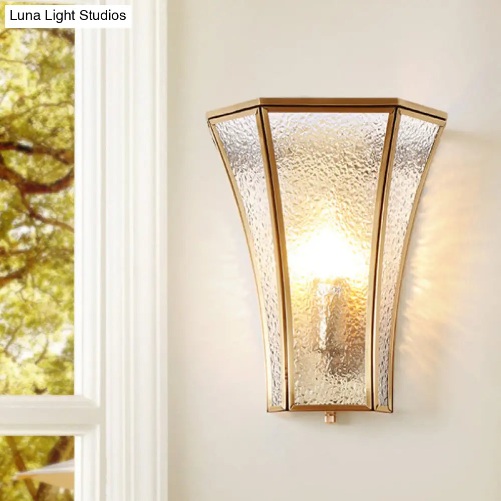 Flared Sconce Lamp With Tradition Textured Glass: Brass Wall Lighting Fixture For Stairway