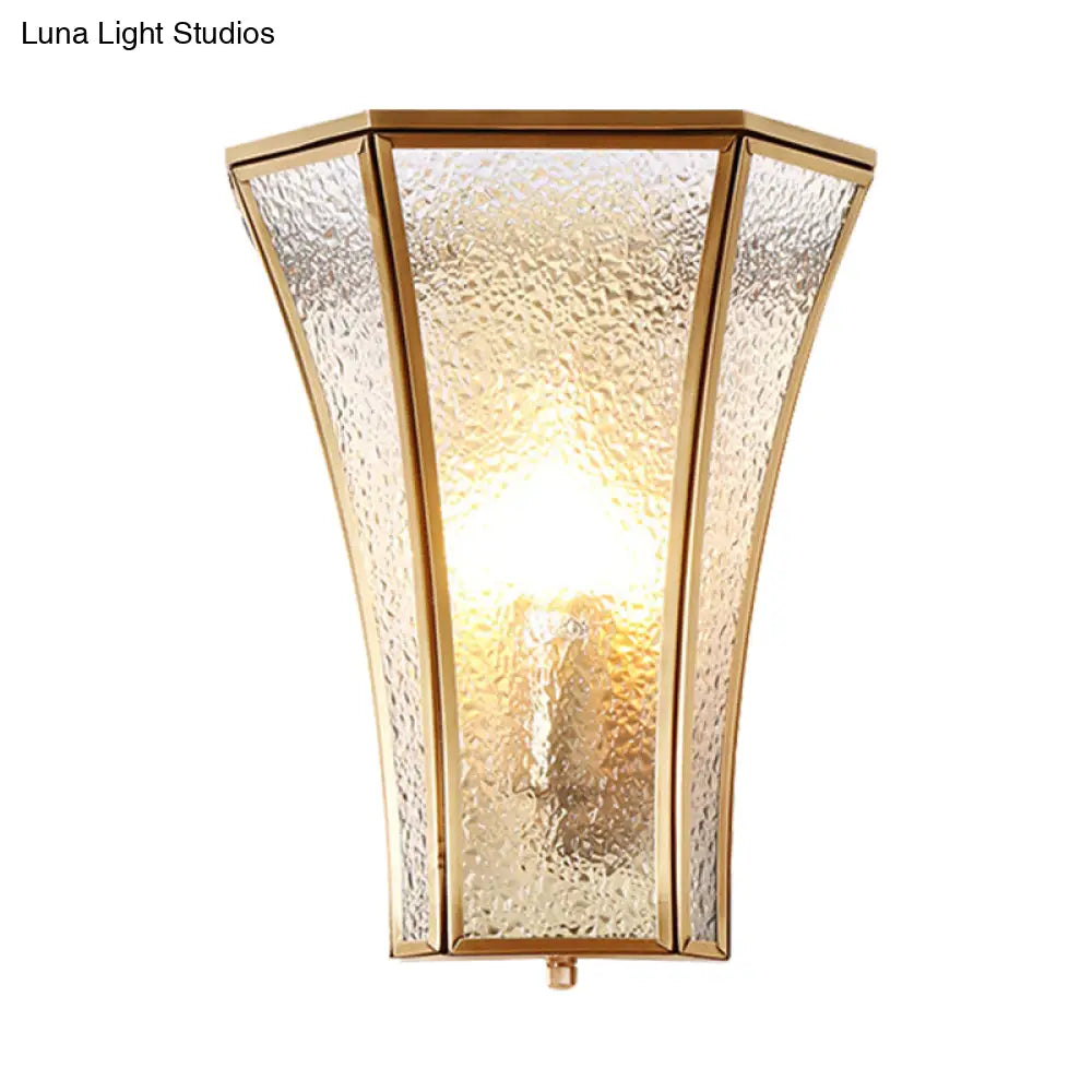 Flared Sconce Lamp With Tradition Textured Glass: Brass Wall Lighting Fixture For Stairway