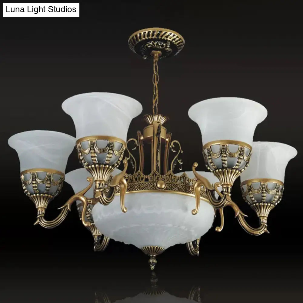 Traditional 9-Head Alabaster Glass Chandelier With Flared Shade - Bronze Finish