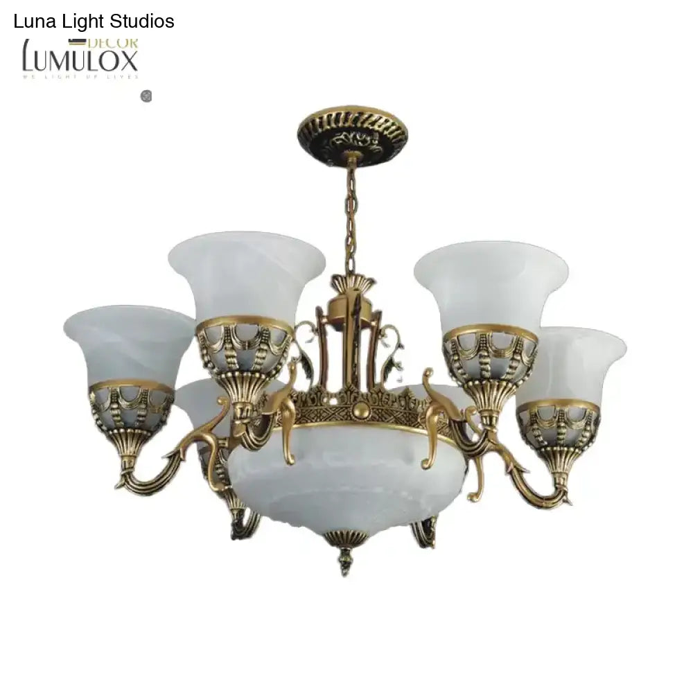 Flared Shade Alabaster Glass Chandelier Traditional 9 Heads Dining Room Suspension Light In Bronze