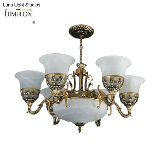 Flared Shade Alabaster Glass Chandelier Traditional 9 Heads Dining Room Suspension Light In Bronze