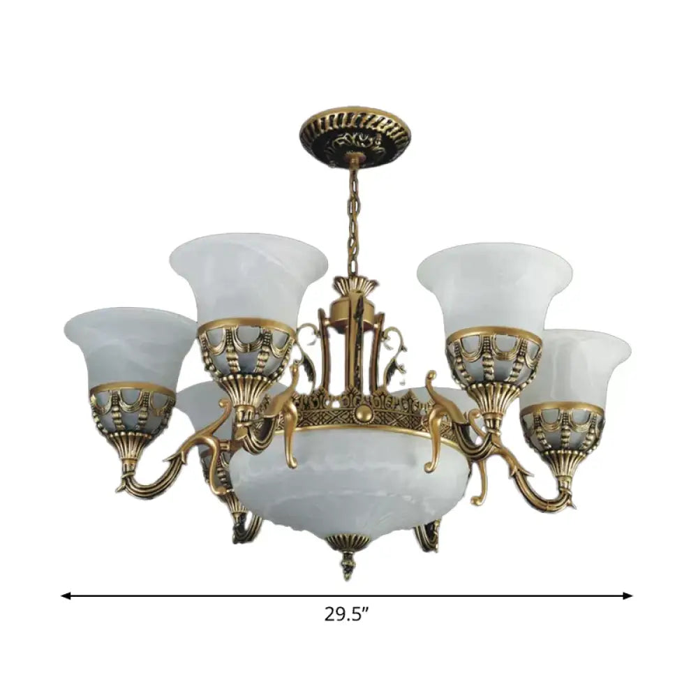 Flared Shade Alabaster Glass Chandelier Traditional 9 Heads Dining Room Suspension Light In Bronze